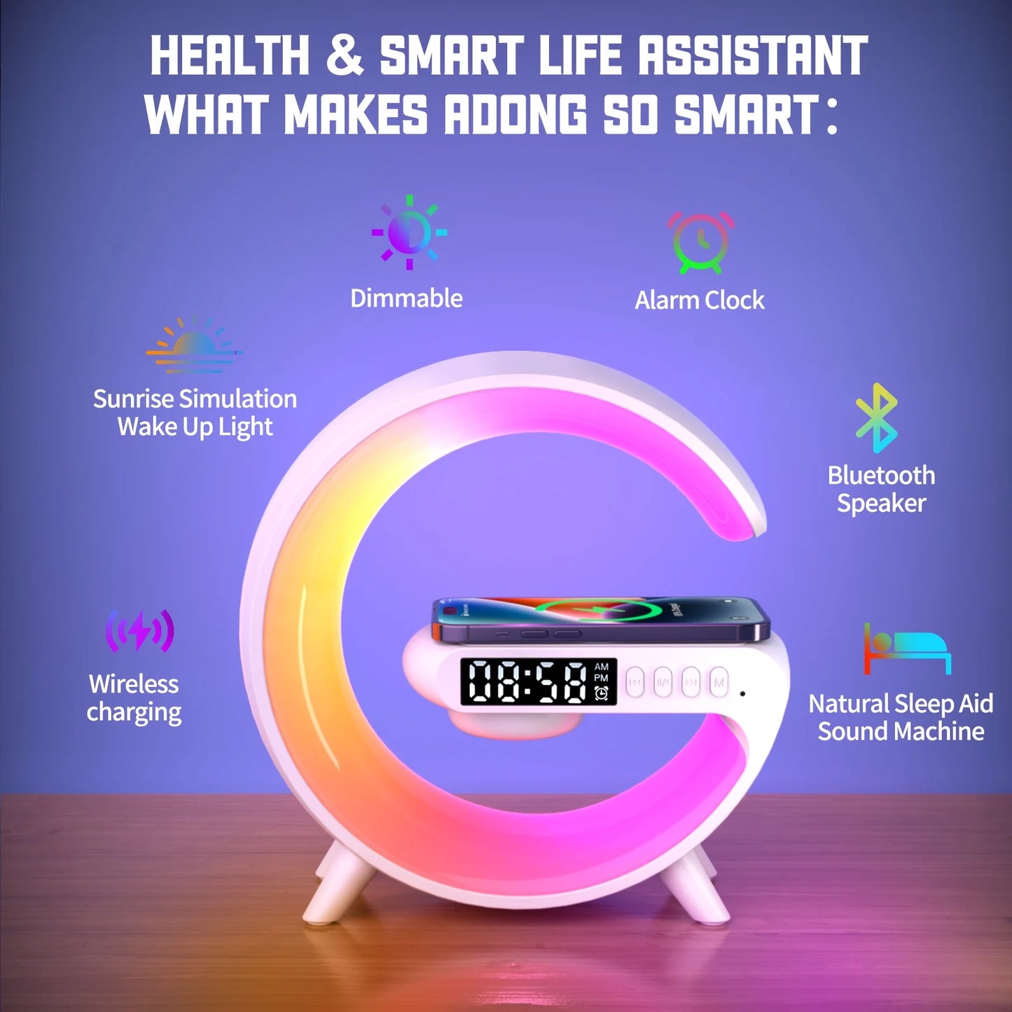 AuraWave G : Wireless Speaker, Lamp,Adjustable Atmosphere Lamp Night Alarm Clock & Charging Function,Gifts