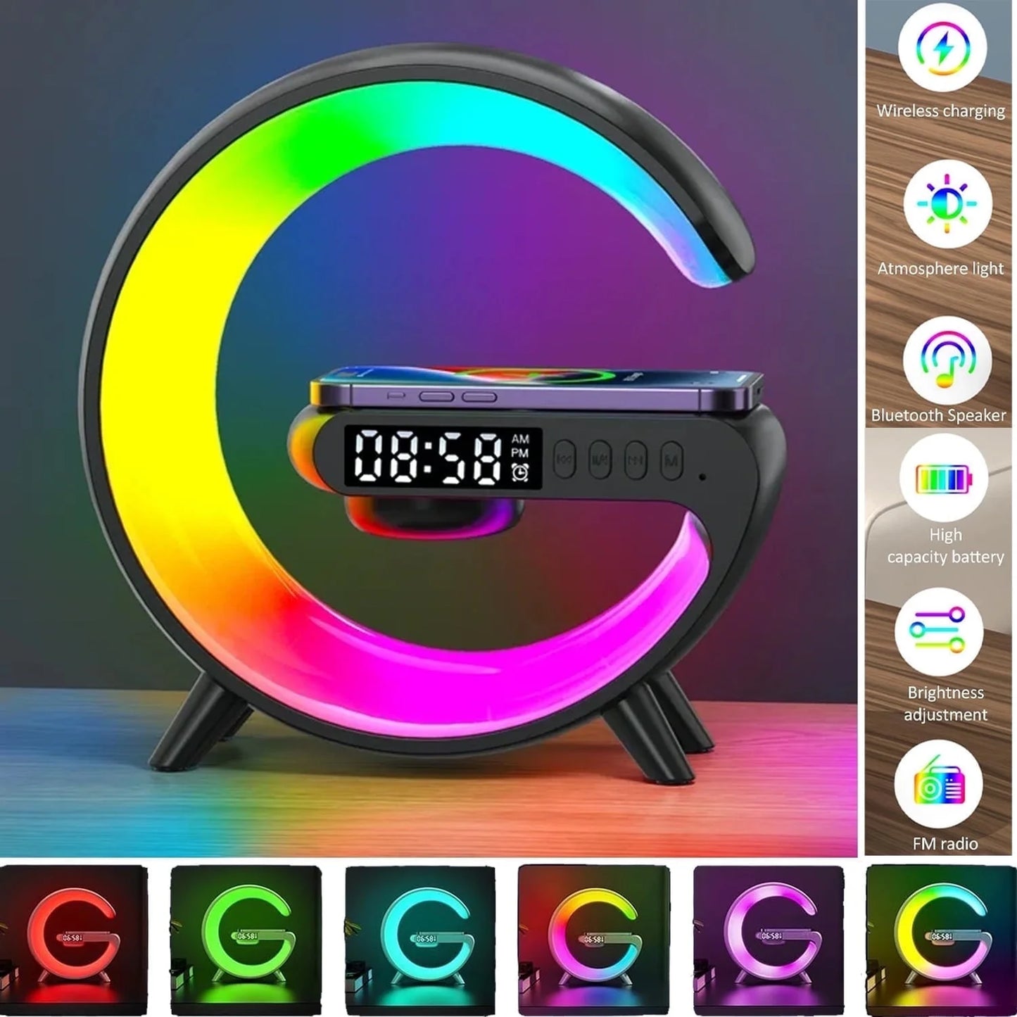 AuraWave G : Wireless Speaker, Lamp,Adjustable Atmosphere Lamp Night Alarm Clock & Charging Function,Gifts